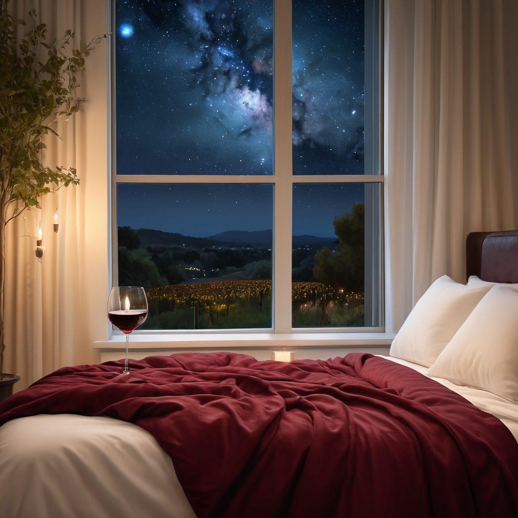 A tranquil bedroom scene featuring luxurious bedding in soft, calming colors, with plush pillows scattered artistically. A glass of beautifully poured red wine rests on a bedside table next to a flickering candle, casting a warm glow. Gentle vines and wine grapes subtly embellish the decor, hinting at both relaxation and indulgence. Outside the window, a serene night sky twinkles with stars, enhancing the overall ambiance of peace. super-realistic. warm colors. cozy atmosphere.