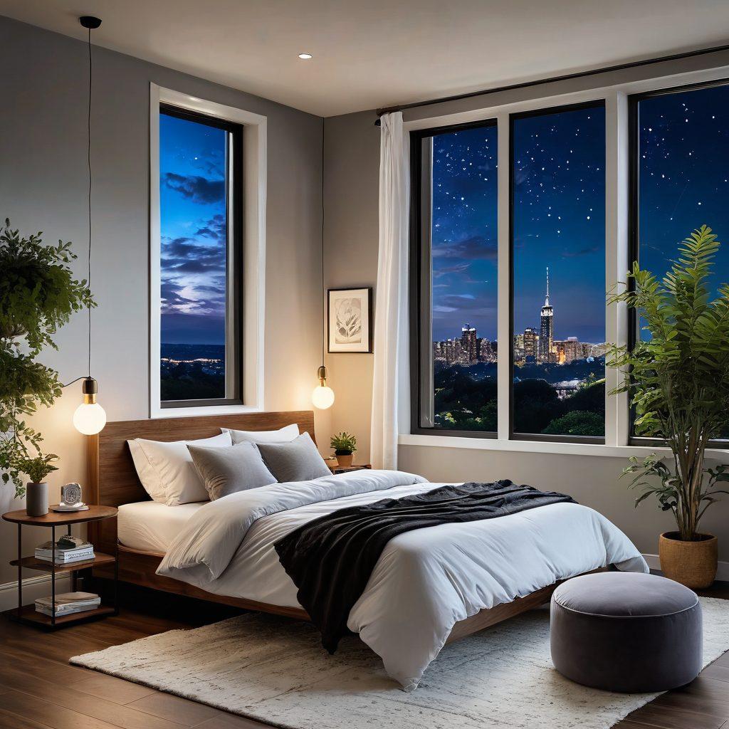 A serene bedroom scene showcasing modern furnishings designed for ultimate comfort, featuring a plush bed with soft bedding, ambient lighting, and stylish decor. Include cozy elements like a reading nook with a plush chair, wooden accents, and lush greenery to enhance tranquility. Capture a gentle night sky view through large windows, adding a dream-like quality. super-realistic. calming colors. cozy atmosphere.