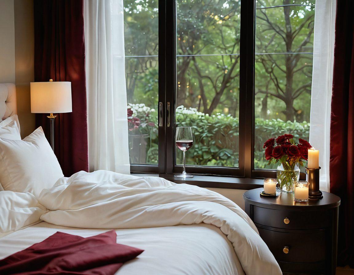 A serene bedroom setting featuring plush, luxurious bedding in shades of soft cream and deep burgundy. A glass of red wine sits elegantly on the nightstand beside a flickering candle, casting a warm glow. Delicate touches like a book on wellness and scattered flower petals add to the calming ambiance. The scene is framed by large windows revealing a tranquil garden outside. soft lighting. super-realistic. vibrant colors.